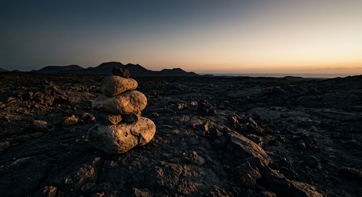 Un taro de piedra volcánica apilada sobre un paisaje de Canarias al atardecer